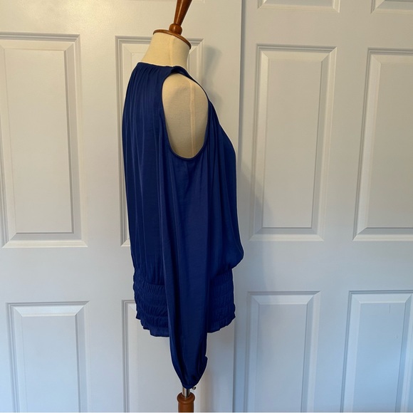 Jennifer Lopez Blue Cold Shoulder Silky Blouse - Picture 2 of 4